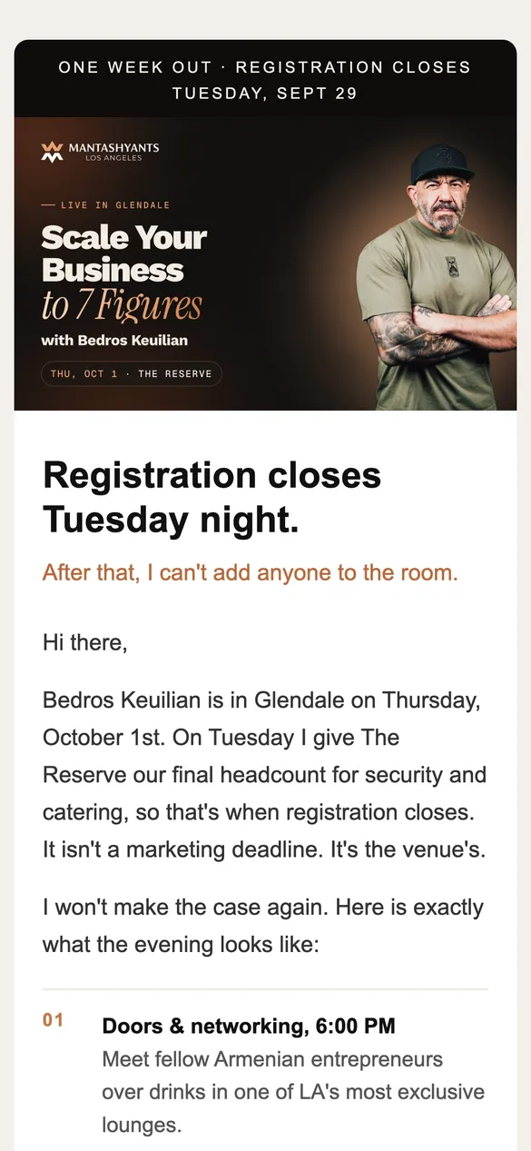 Email: one week out