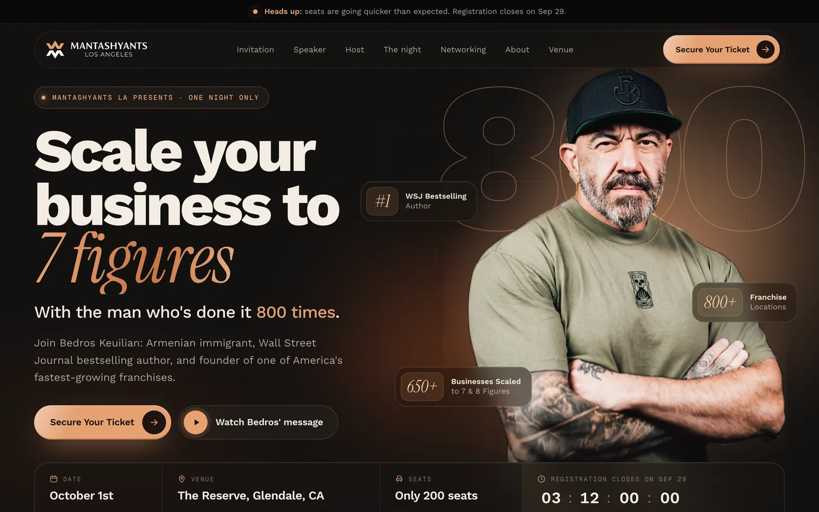 The Bedros Keuilian event page on desktop