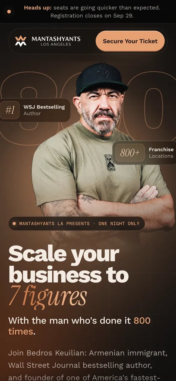 The Bedros Keuilian event page on a phone