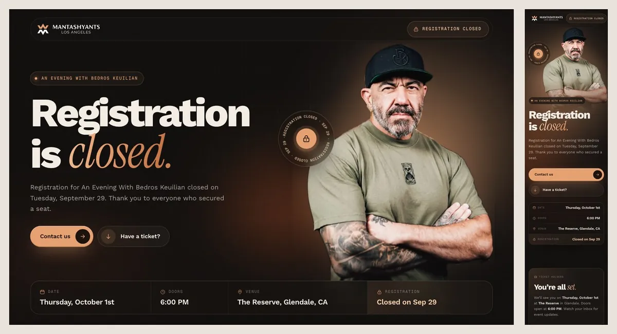 Registration closed page on desktop and phone