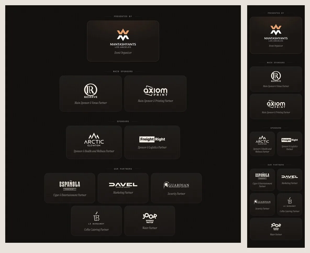Event page section crediting every sponsor and partner by tier, on desktop and phone