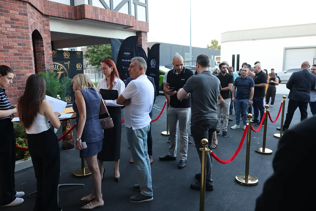 Guests lining up outside at check-in